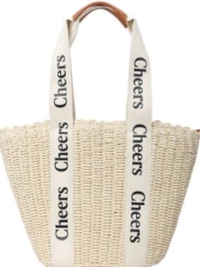 NWT Classic Fashion Straw Tote Bag with Cheers Branded Canvas Straps - Natural